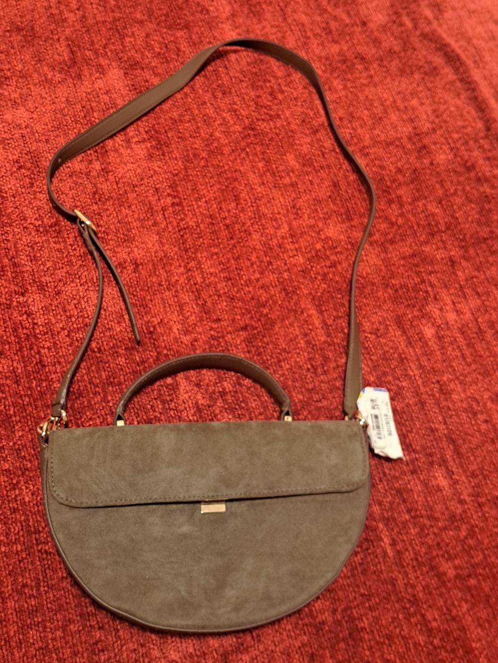 Suede Crescent Crossbody Bag with Top Handle in Taupe
